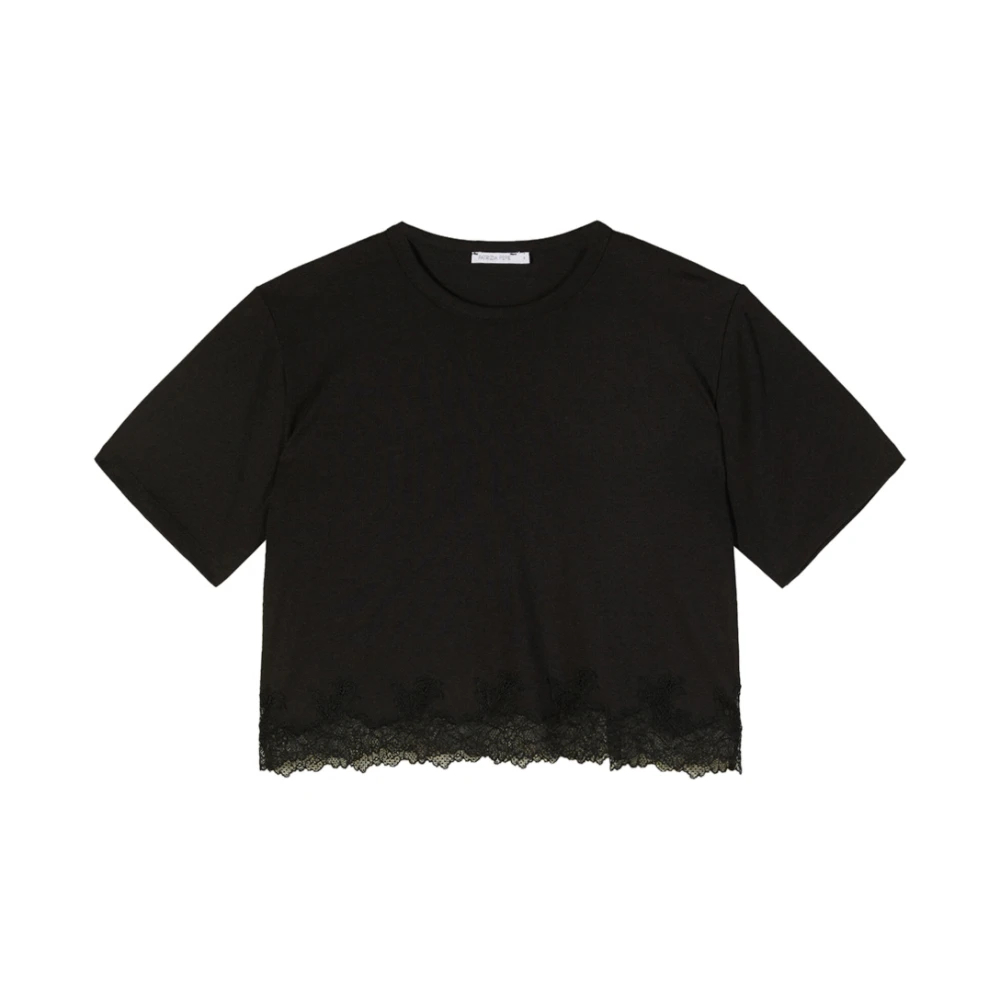 Patrizia Pepe Damen Schwarz - Cropped T-Shirt Mit Spitze - Tops - K - Xs