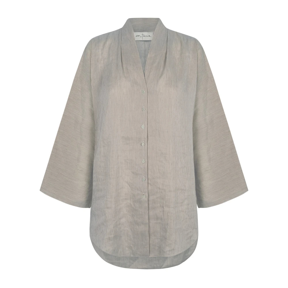 Cortana Damen Grün - Oversized V-Ausschnitt Gestreiftes Shirt - Blouses & Shirts - 2XS