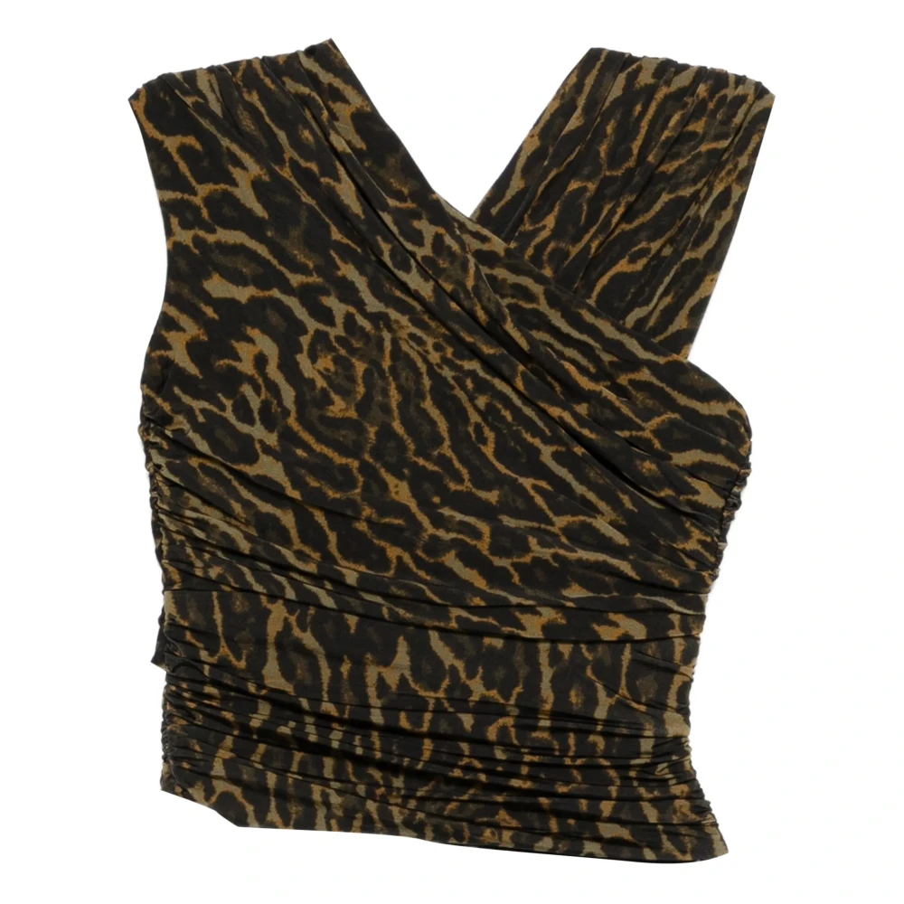 Ganni Damen Black|Brown Printed Shiny Jersey Sleeveless Ruched Blouse - Bild 3