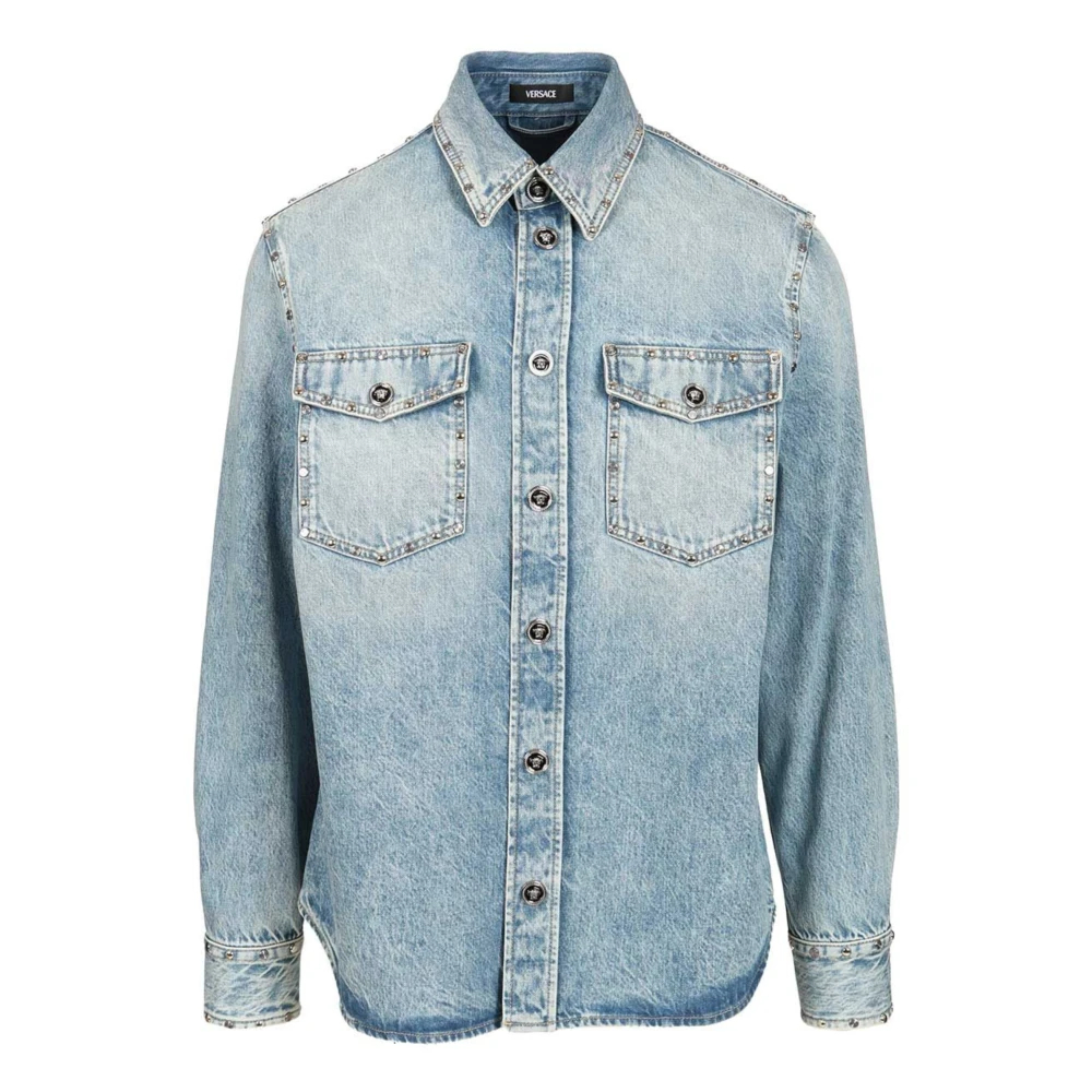 Versace Herren Blau - Stonewashed Baumwoll-Denim-Hemd - Shirts - M