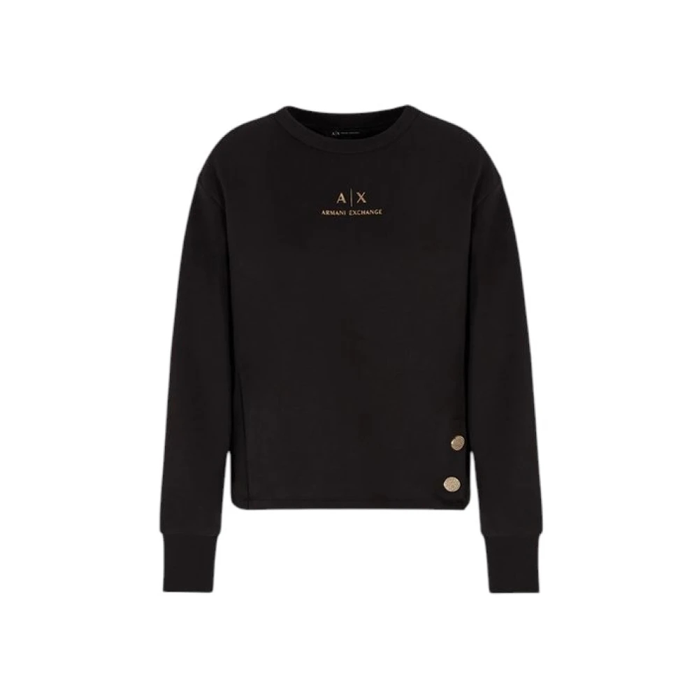 Armani Exchange Damen Schwarz - Crewneck Sweatshirt Mit Goldenem Logo Und Knöpfen - Sweatshirts & Hoodies - K - M