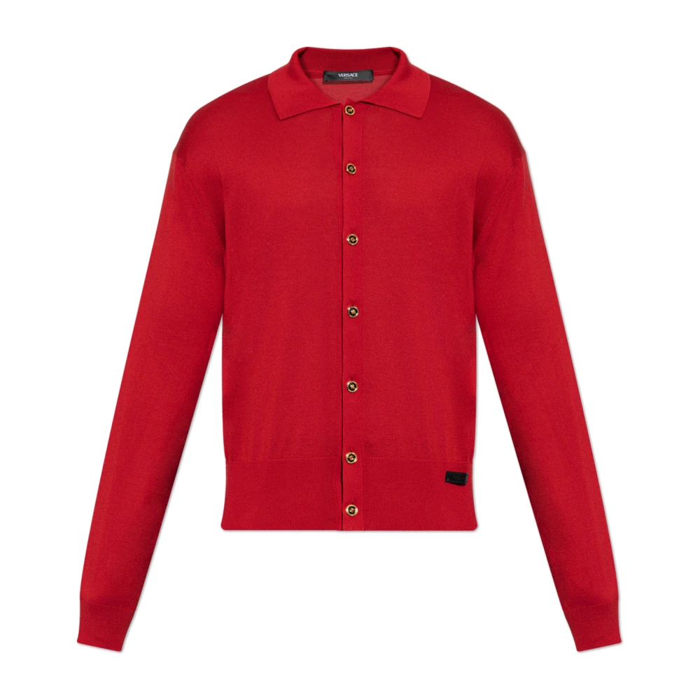Versace Herren Rot - Seide-Baumwoll-Strick-Polo-Cardigan - Knitwear - S