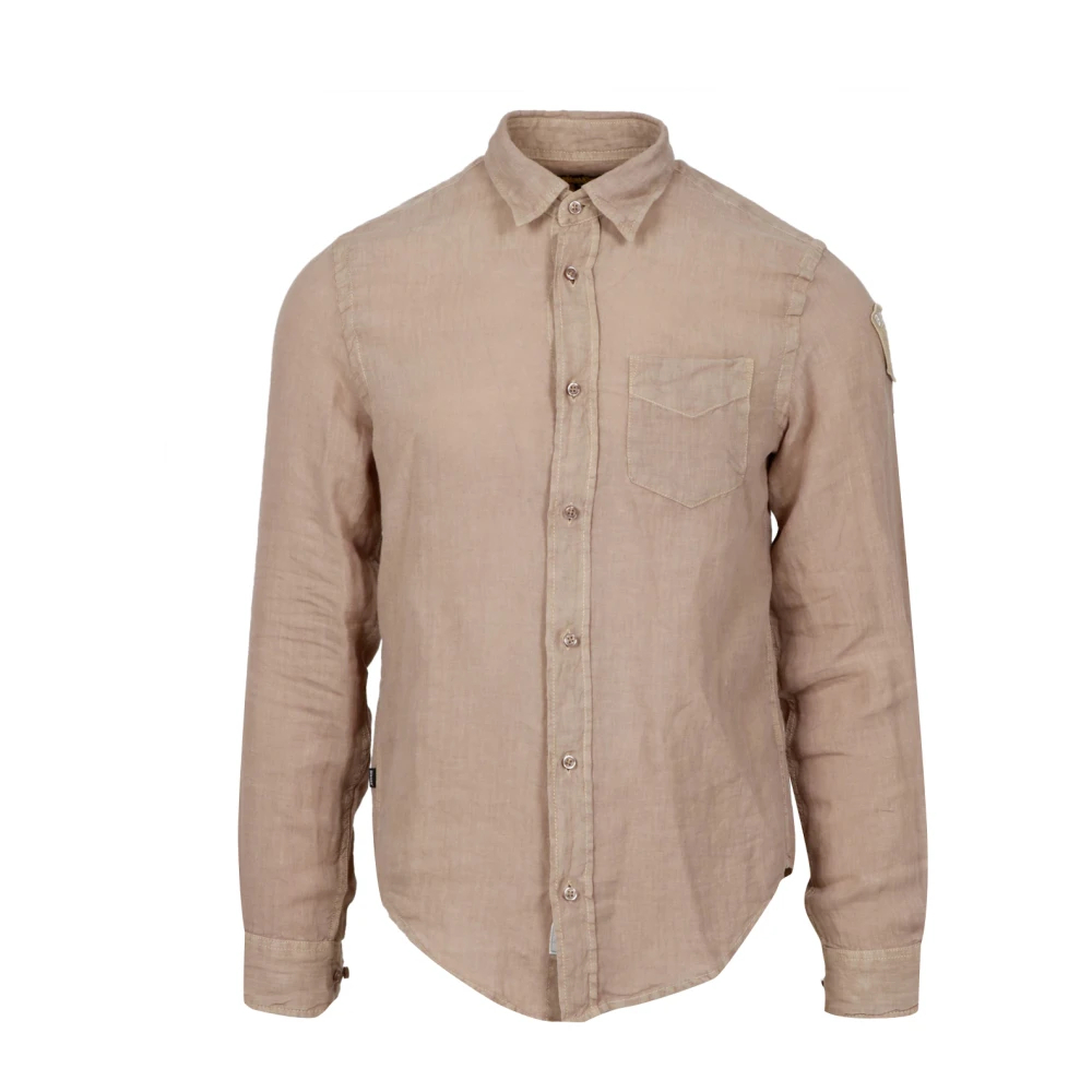 Blauer Herren Beige - Leinenhemd Mit Langen Ärmeln Und Tasche - Shirts - L