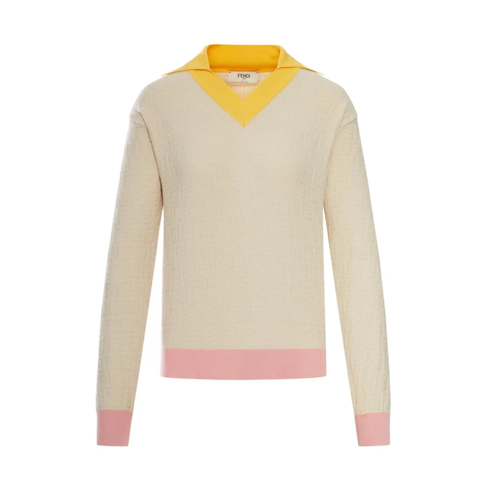 Fendi Damen Beige - Baumwoll- Und Seidenpullover Mit V-Ausschnitt - Knitwear - M