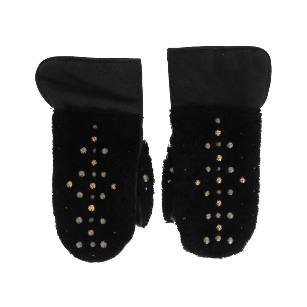Dolce & Gabbana Damen Schwarz - Leder Shearling Handschuhe Mit Nieten - Accessories - K - One Size