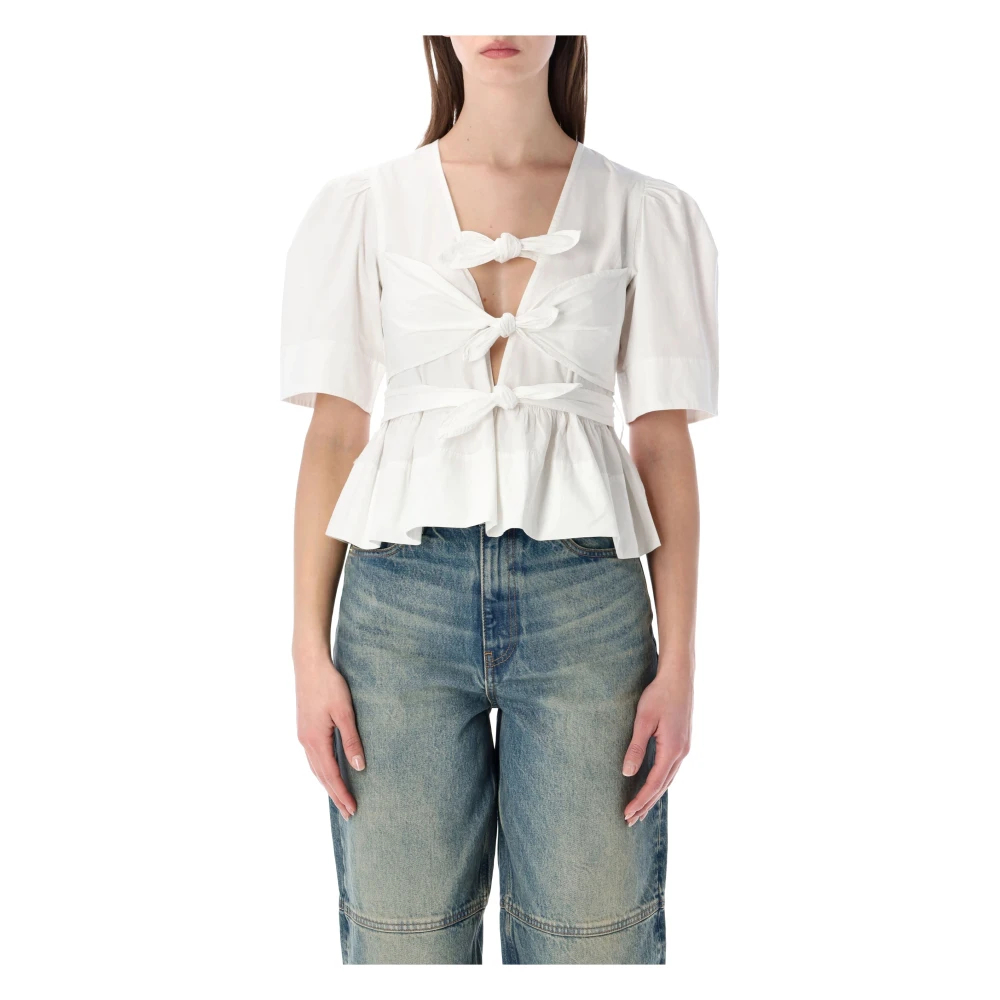 Ganni - Washed Stretch Cotton Tie Strap Blouse - Blouses & Shirts - Damen - Weiß - S - Bild 7