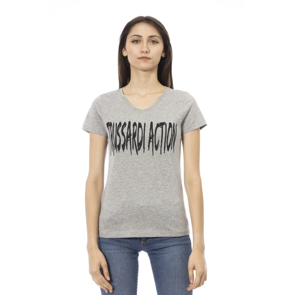 Trussardi - Kurzarm V-Ausschnitt T-Shirt - Frontdruck - Tops -Damen -Grau -M