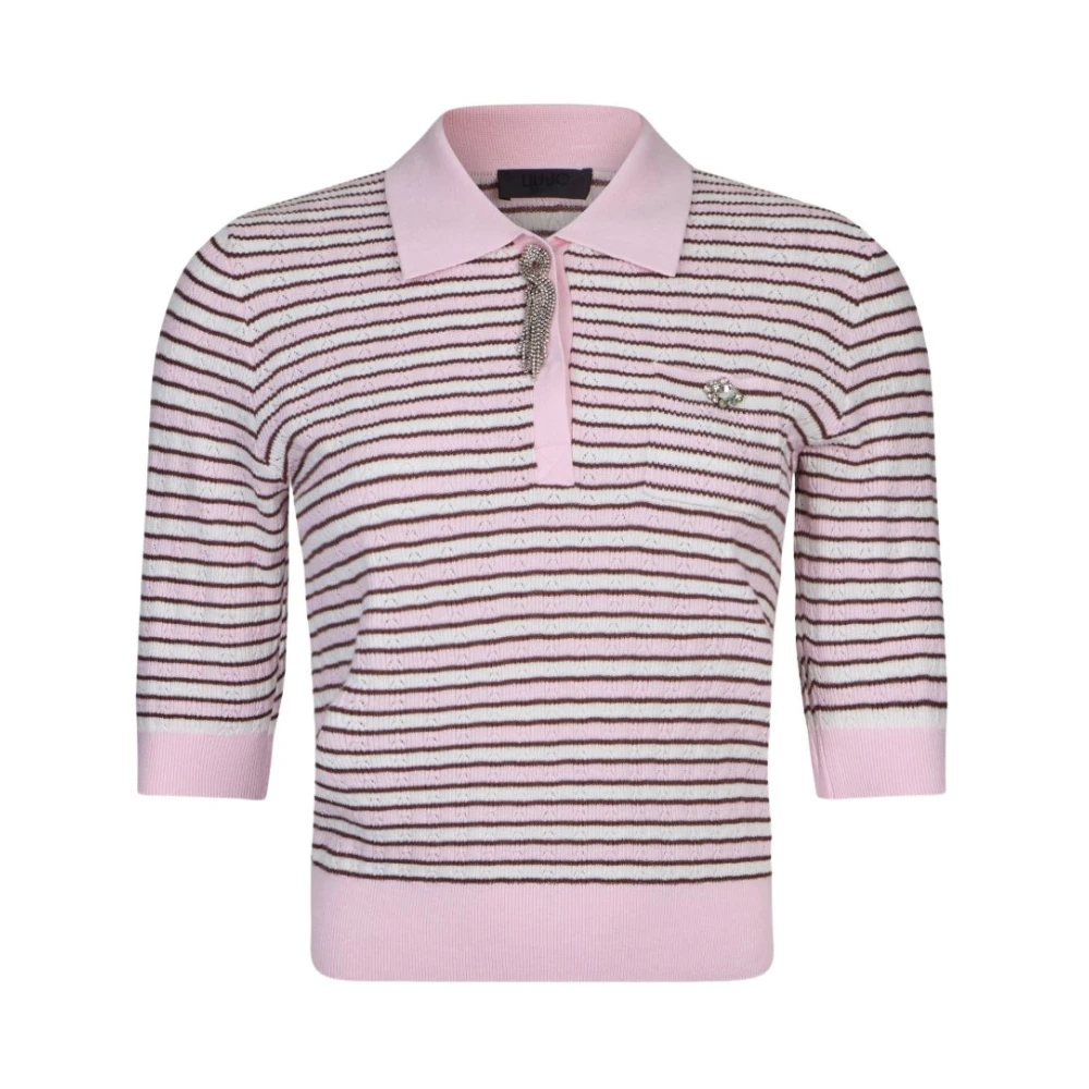 Liu Jo Damen Rosa - Gestreifter Polo-Pullover Mit Schmuckdetails - Knitwear - M