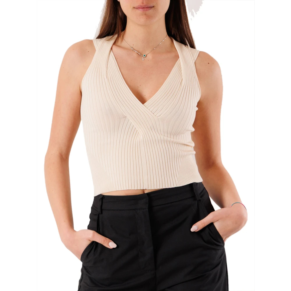 Patrizia Pepe Damen Beige - Braided V-Neck Ribbed Top - Tops - S