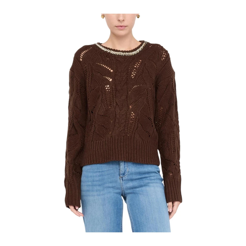 Liu Jo Damen Braun - Rundhals-Strickware Mit Strasssteinen - Knitwear - L