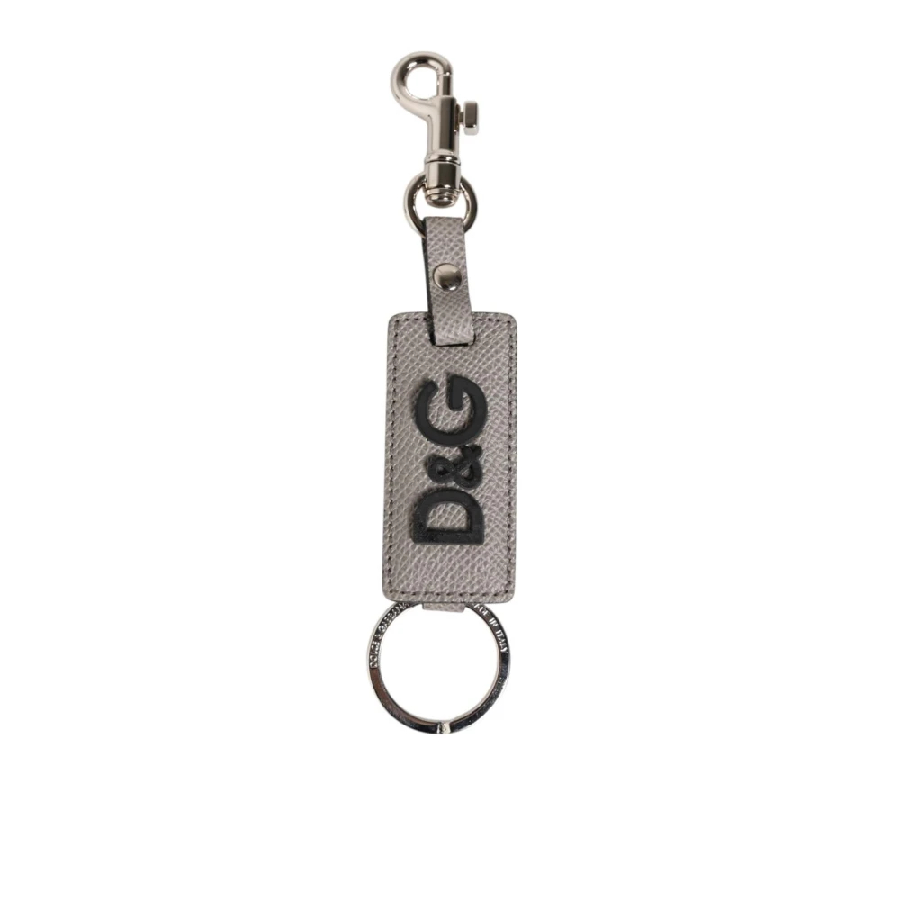 Dolce & Gabbana Herren Grau - Logo Leder Schlüsselanhänger Stilvoller Metallring - Accessories - One Size