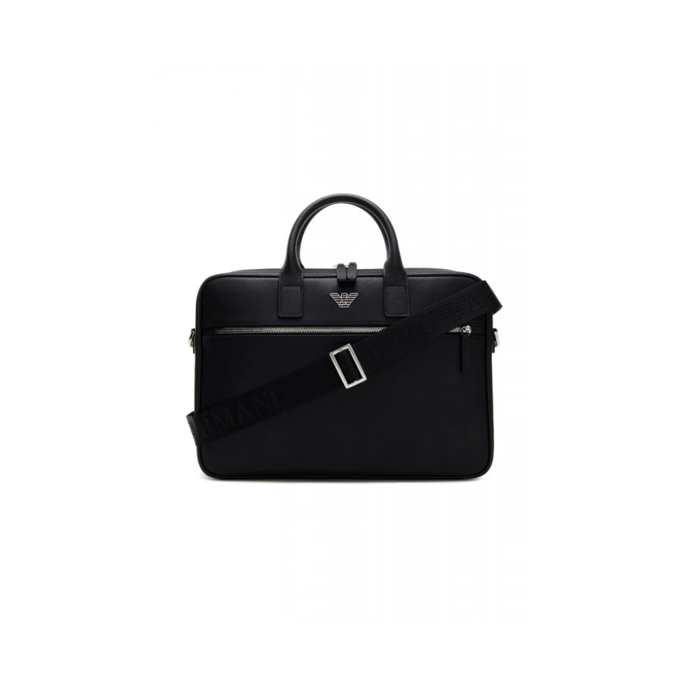 Emporio Armani Herren Schwarz - Asv Saffiano Leder Business Bag Mit Adler-Platte - Bags - K - One Size