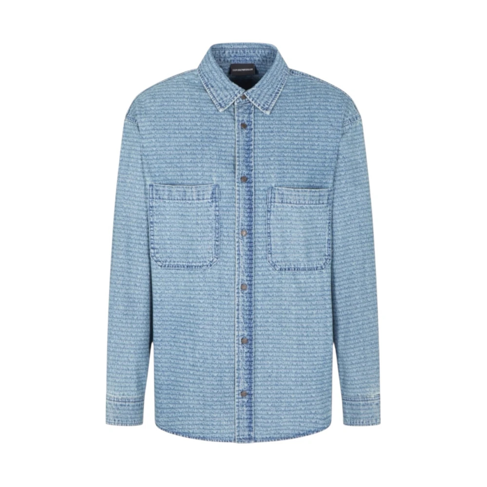 Emporio Armani Herren Blau - Denim-Hemd In Bequemer Passform Mit Allover-Logo-Schriftzug - Shirts - M