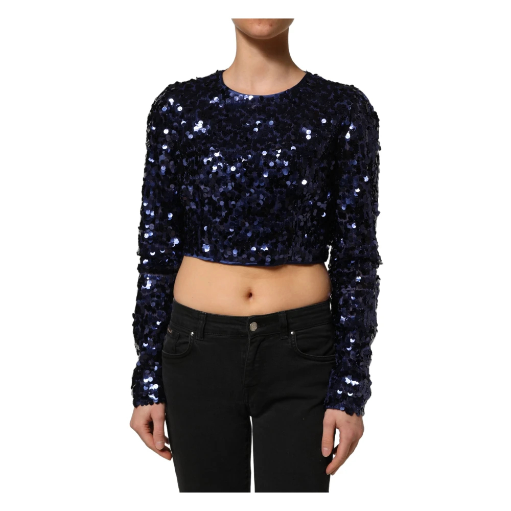 Dolce & Gabbana Damen Blau - Pailletten-Crop-Top Mit Langen Ärmeln - Blouses & Shirts - Xl