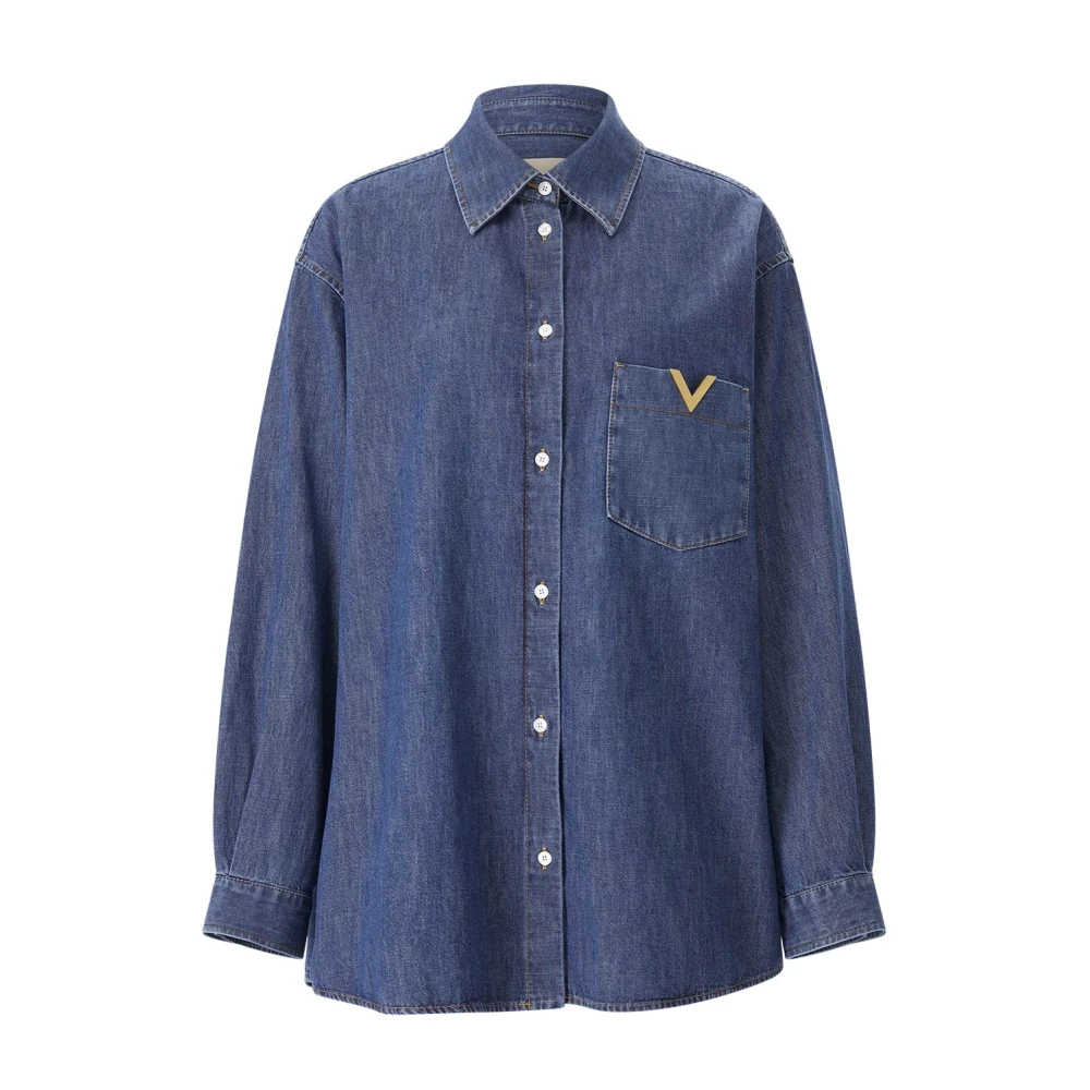 Valentino - Denim Hemd Mit Metallischem V-Detail - Blouses & Shirts -Damen -Blau -2Xs