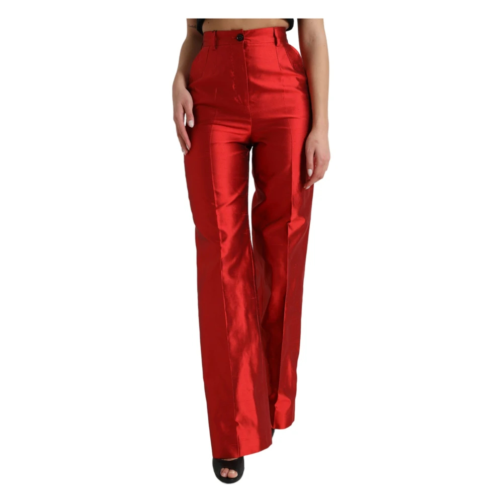 Dolce & Gabbana Damen Rot - Elegante High-Waist Weitbein Seidenhose - Trousers - S