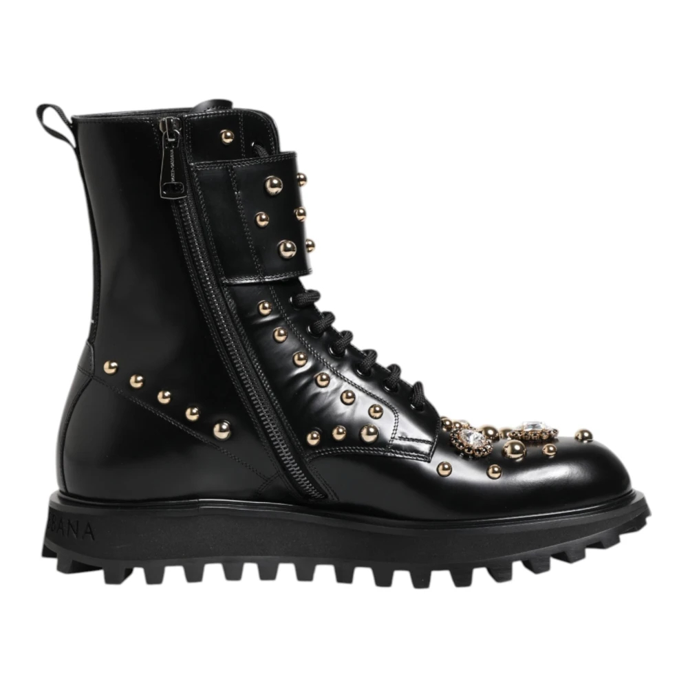 Dolce & Gabbana Damen Schwarz - E Studded Lace Up Mid Calf Stiefel - Shoes - K -43 Eu