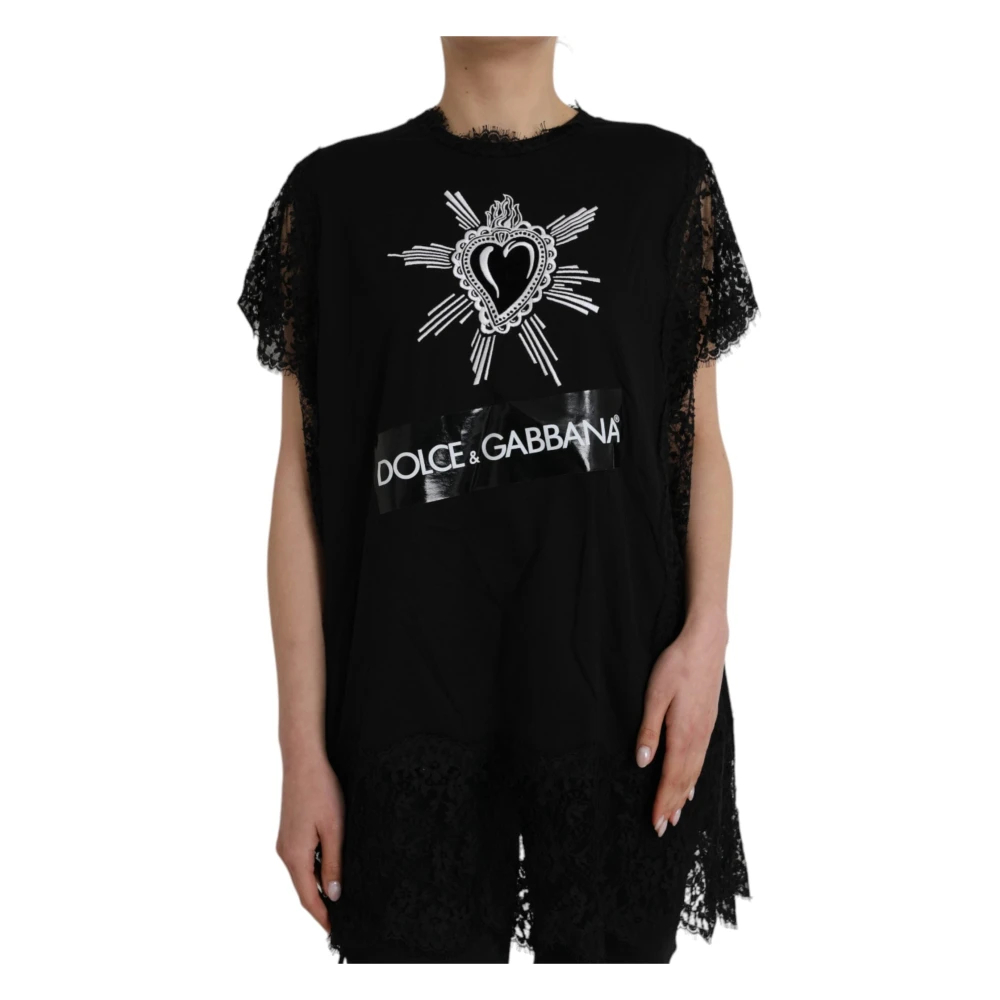 Dolce & Gabbana Damen Schwarz - Es Spitzen-T-Shirt Mit Heiligem Herzen-Druck - Tops - K -M