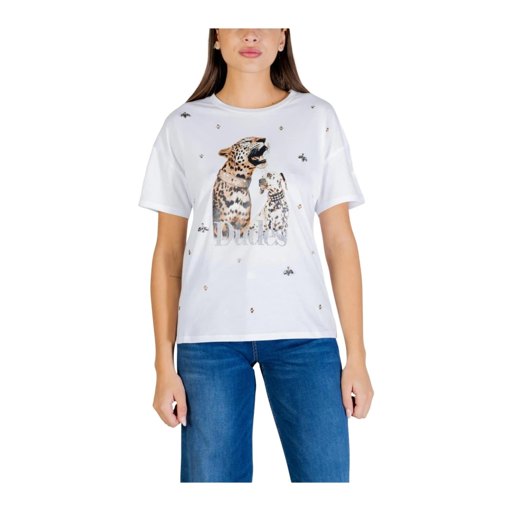 Liu Jo Damen Weiß - Bedrucktes- Mit Strasssteinen Verziertes Kurzarm-T-Shirt - Tops - L