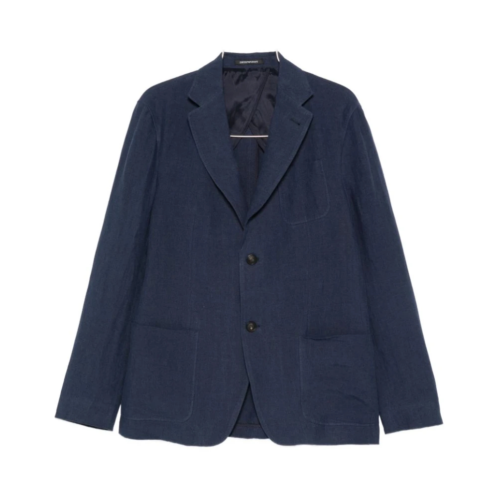 Emporio Armani - Einreihige Jacke Aus Verwaschenem Leinen - Jackets - Herren - Blau - 2XL