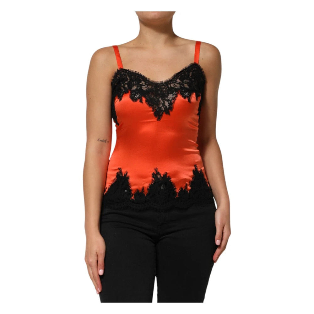 Dolce & Gabbana Damen Orange - Rot Schwarzes Seidenärmelloses Top Mit Spitzenbesatz - Tops - S