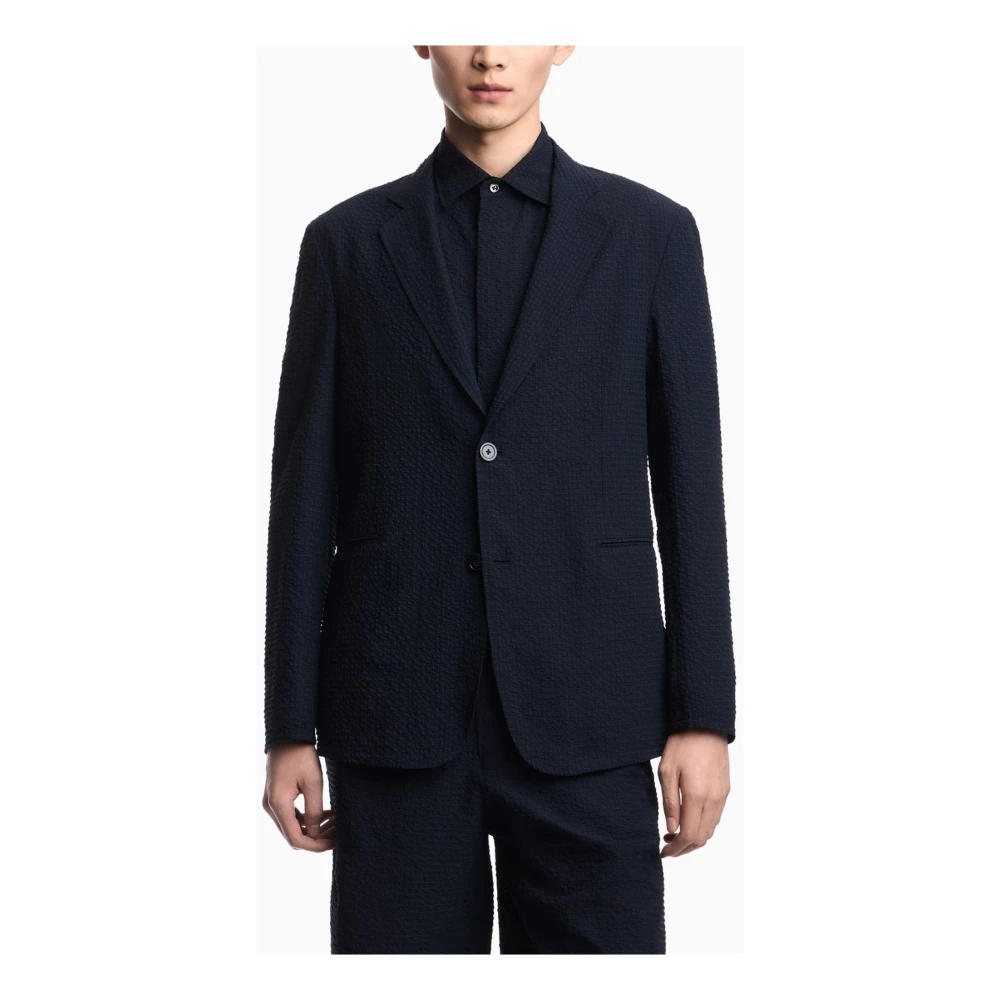 Emporio Armani Herren Blau - Icon Bedruckte - Einreihige Jacke Aus Technischem Seersucker - Suits - M
