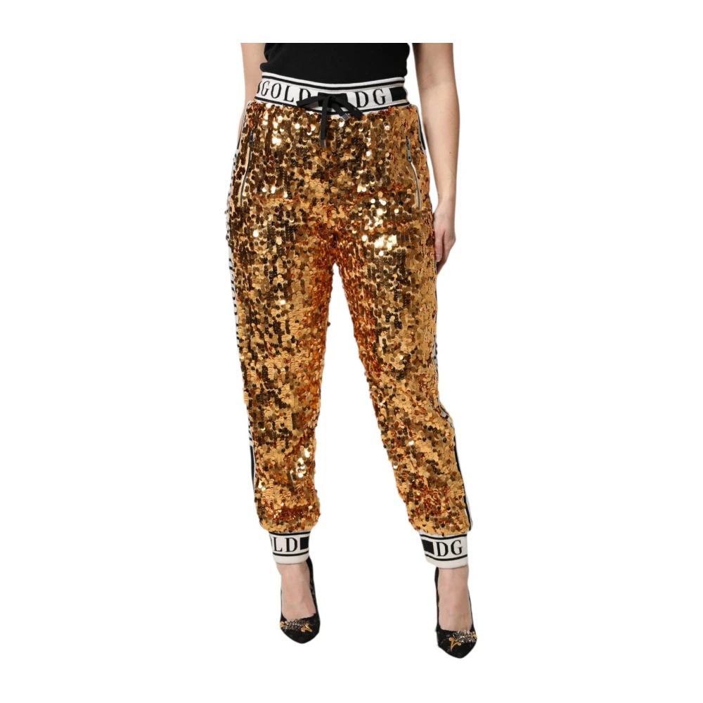 Dolce & Gabbana Damen Gelb - Metallic Logo Pailletten High Waist Jogginghose - Trousers - S
