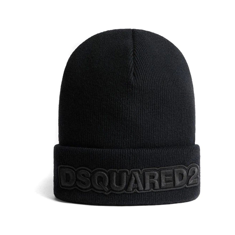 Dsquared2 Herren Schwarz - Logo Gestickte Strickmütze - Accessories - K - One Size