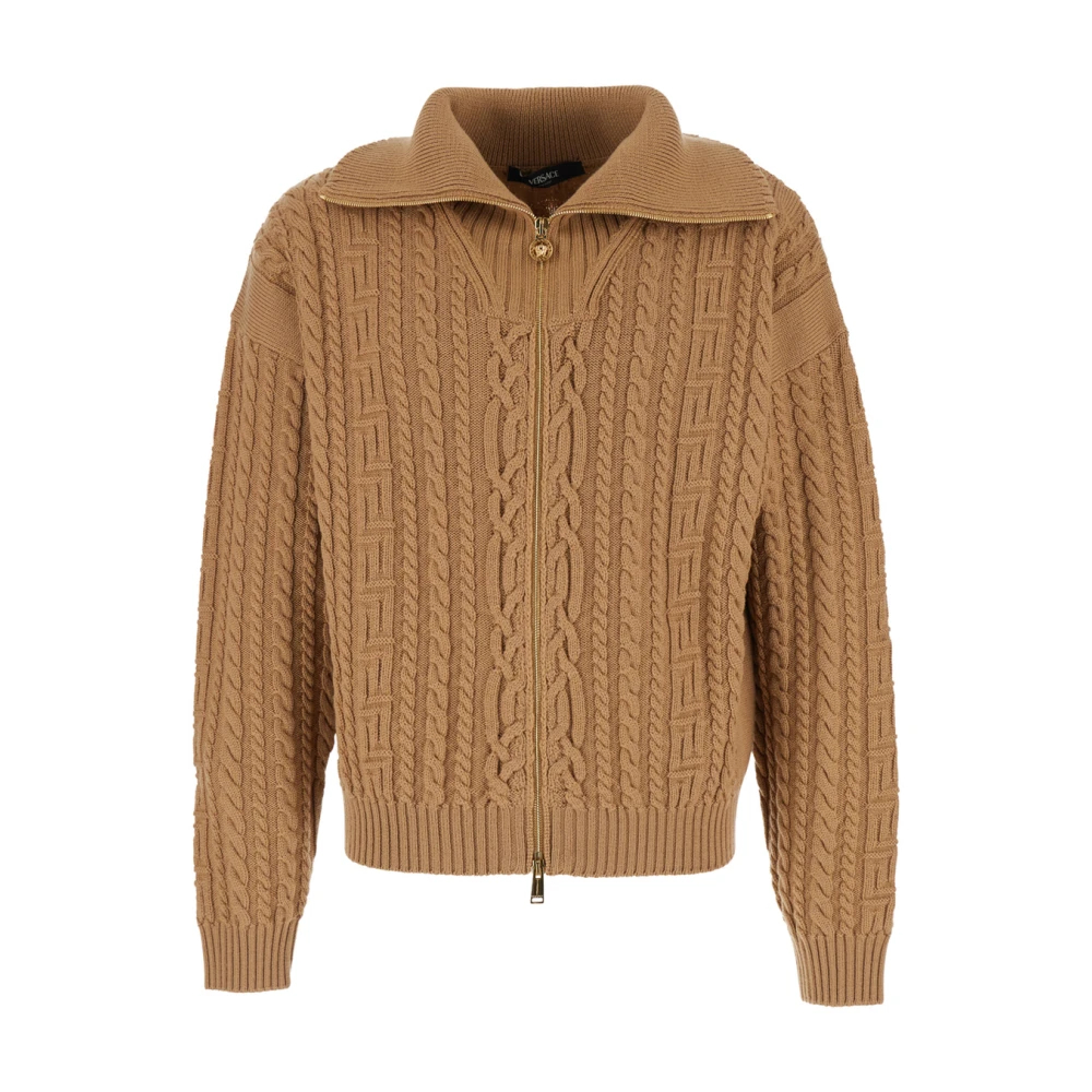 Versace Herren Beige - Bestickter Wollstrick-Zip-Pullover - Knitwear - S