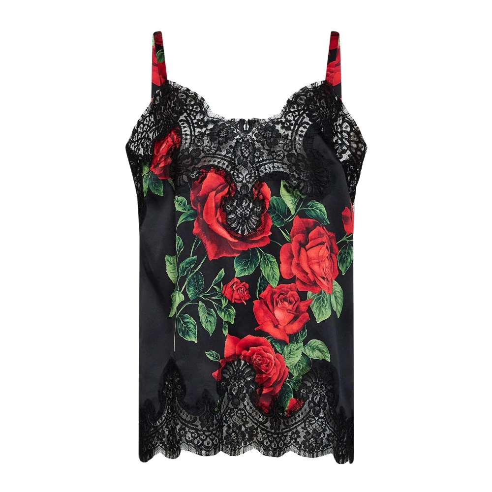 DOLCE & GABBANA | Black Rose-print silk satin top with lace | female | 44 - Bild 3