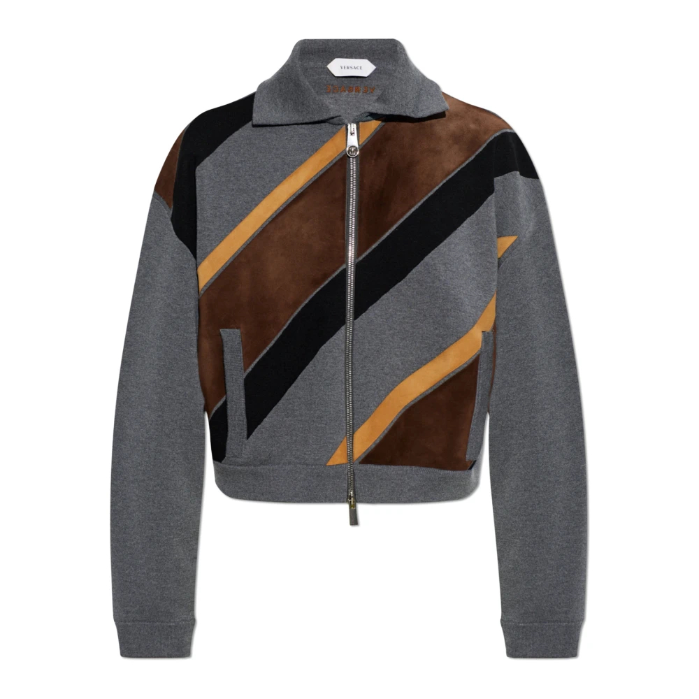 Versace - Intarsien-Woll- Und Leder-Patchwork-Sweatshirt Mit Reißverschluss - Knitwear -Damen -Grau -M