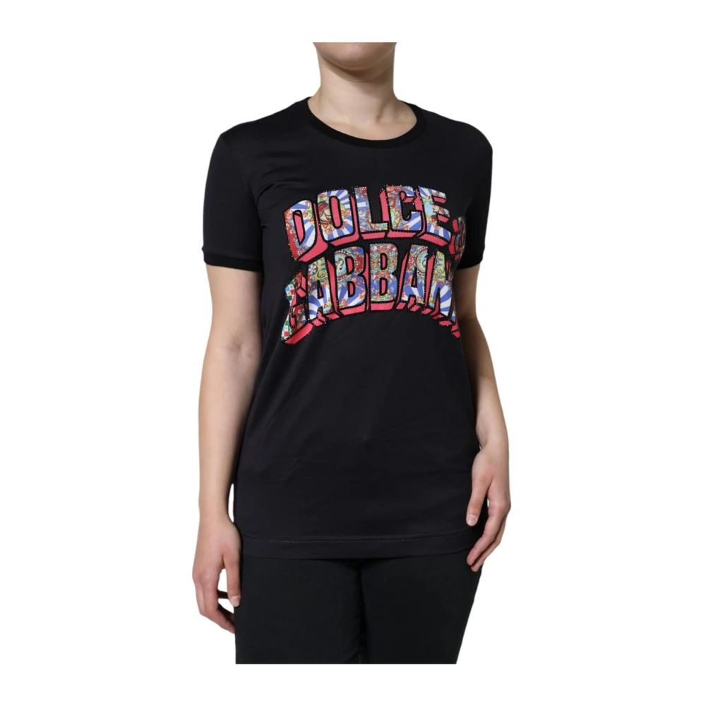 Dolce & Gabbana - Logo-Print Rundhals T-Shirt - Tops - Damen - Schwarzk - 2XS