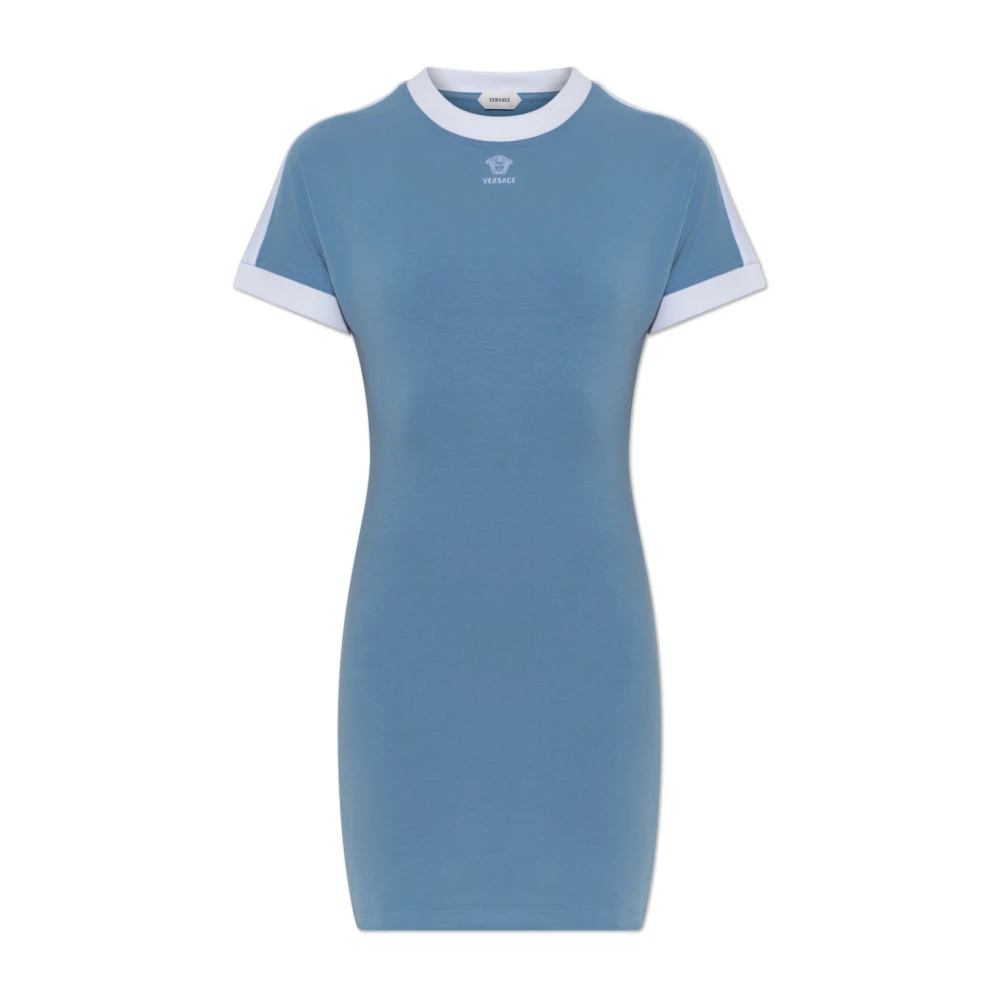 Versace Damen Blau - Besticktes Mini-Kleid Aus Stretch-Baumwoll-Jersey Mit Logo - Dresses - 2XS