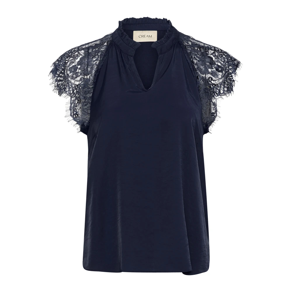 Cream Damen Blau - Spitzenbluse Mit V-Ausschnitt Und Spitzenärmeln - Blouses & Shirts - M