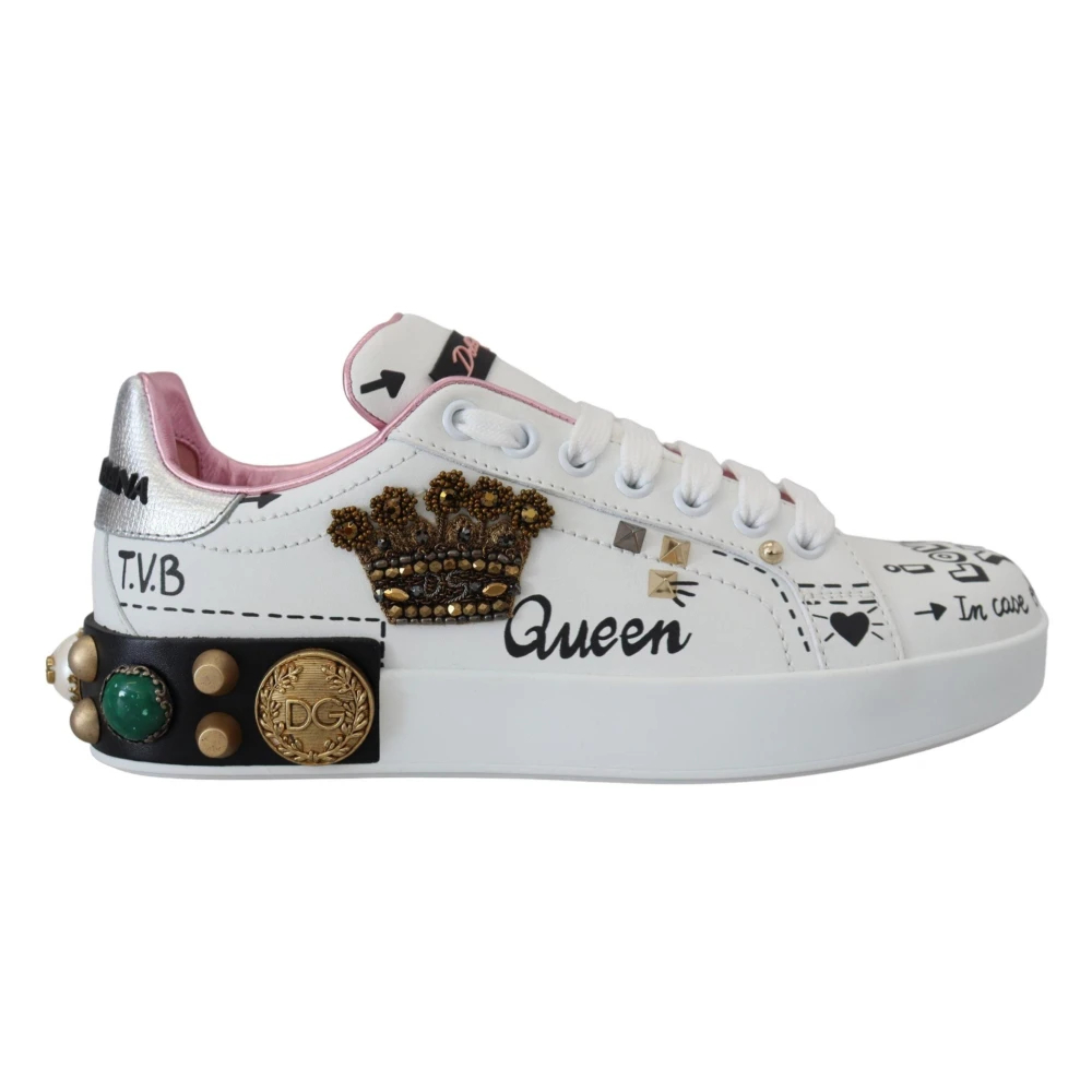 Dolce & Gabbana Women's Shoes, Female,, Queen Crown Leather Trainers White Size 1 Uk